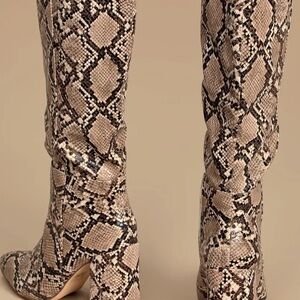 JustFab Brown and Cream Snake-Print Knee-High Heeled Boots